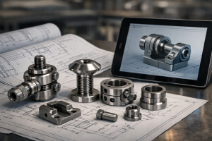 Custom engineered fastening components placed on technical drawings with CAD model for industrial design