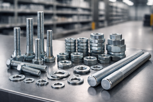 Industrial standard fasteners including hex bolts nuts washers and threaded rods arranged on warehouse workbench