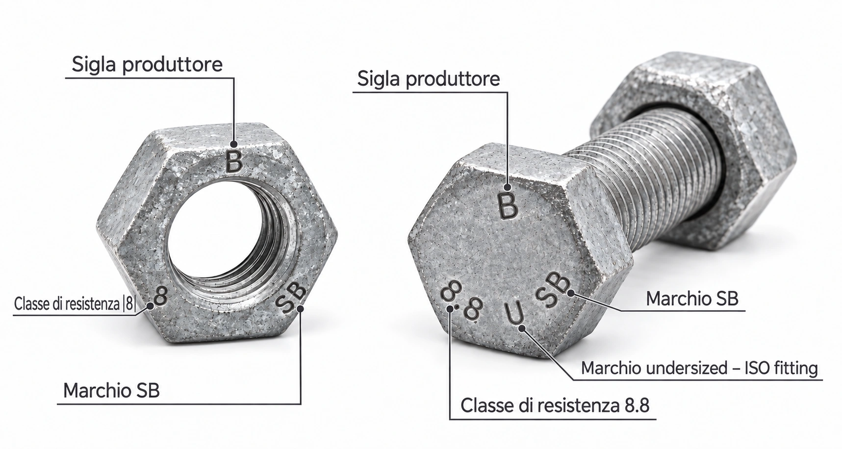 Illustrazione di vite SB classe 8.8 e dado SB classe 8 in acciaio zincato