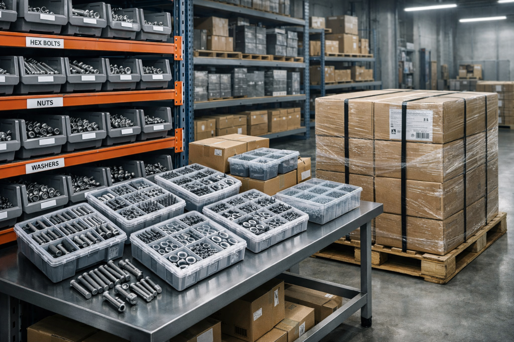Automotive fastener kanban supply system with organized warehouse shelving and fastener kits ready for delivery