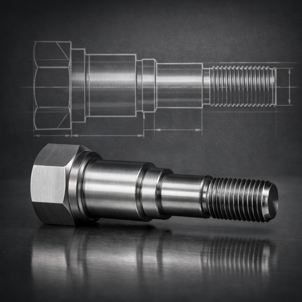Custom engineered fastener showing technical drawing overlay and real manufactured component representing transition from concept to serial production