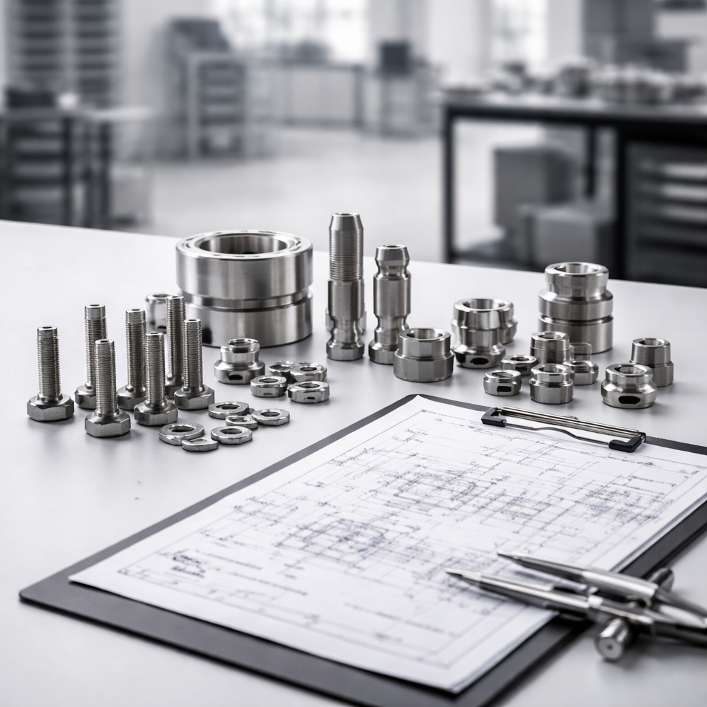 Custom engineered fastener with technical drawing overlay and manufactured component