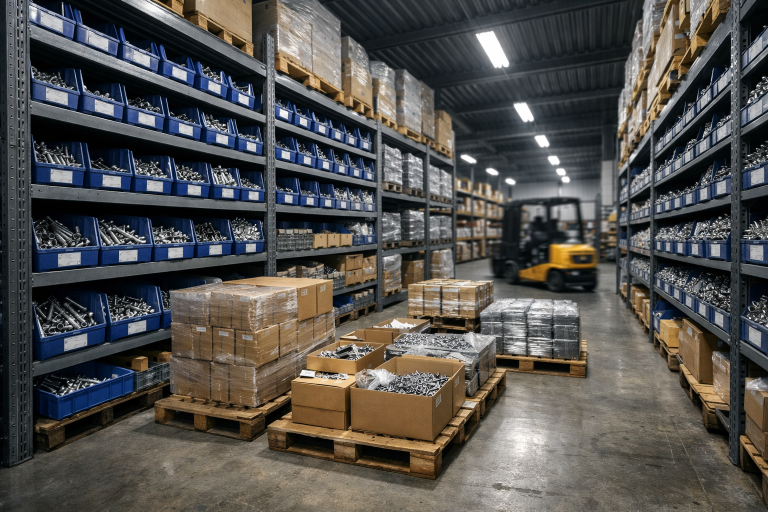 Kanban fastener supply system with labeled bins near production line for industrial stock management