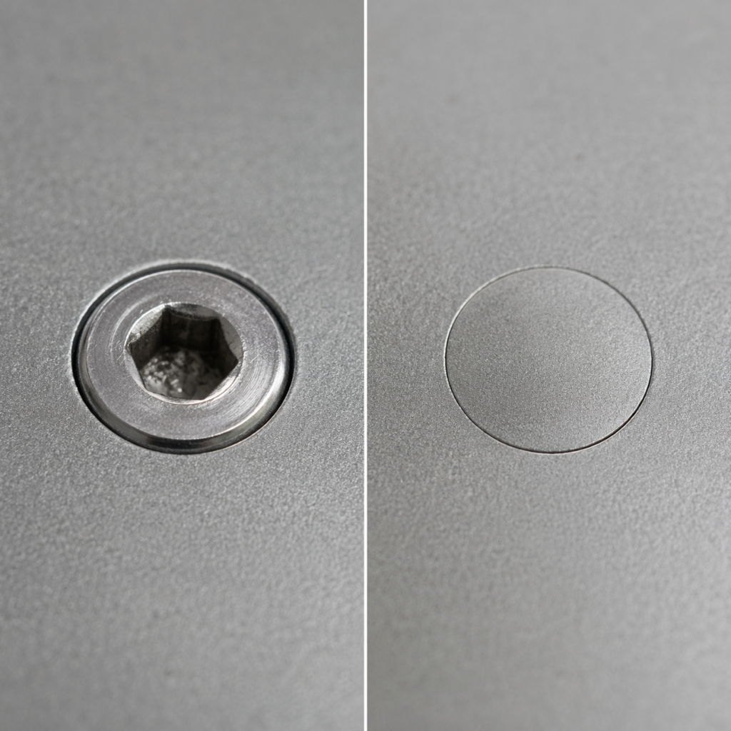 comparison between standard screw with visible recess and flush fastener without exposed recess