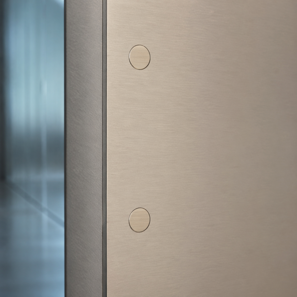 flush fasteners with perfectly smooth heads integrated into a modern surface, no visible drive or recess