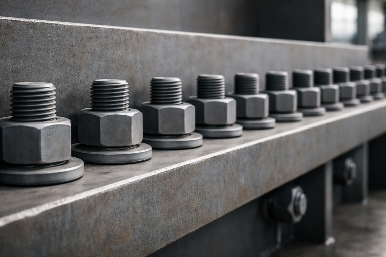 Structural bolts installed in steel connection alignment