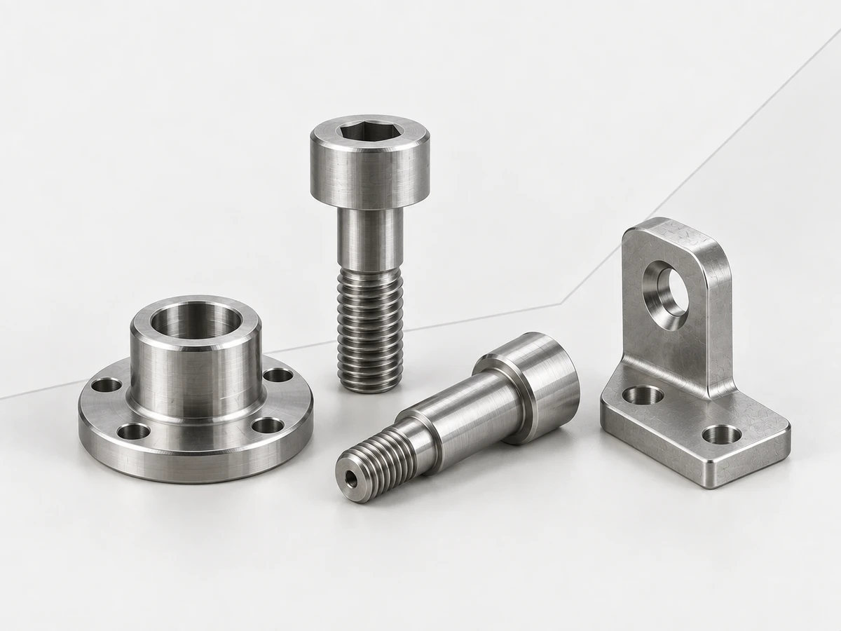 Custom machined flange, shoulder fastener, turned part and bracket